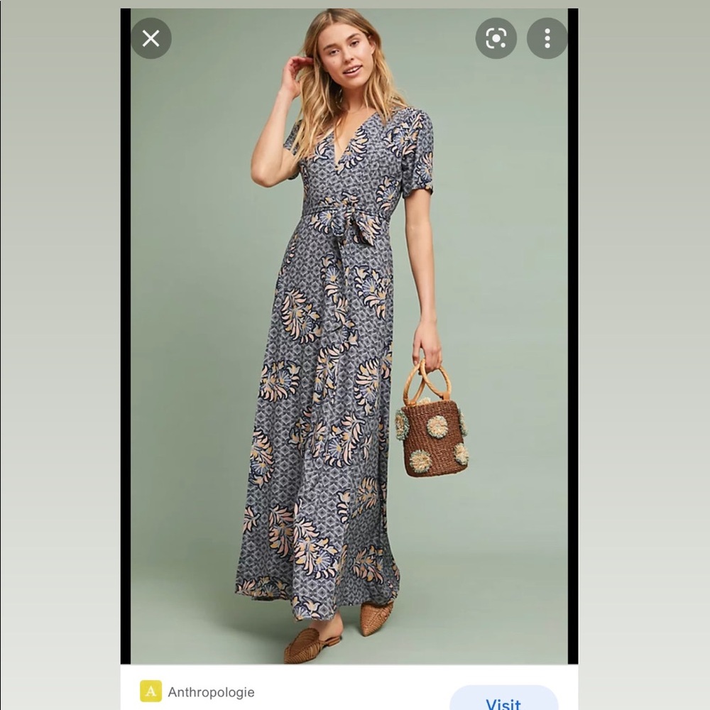 The Odells Anthropologie Zinaida Wrap Dress with Blue Purple Pattern